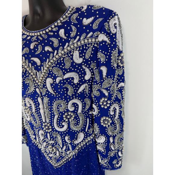 Vintage Silk Cocktail Dress Blue Sequin Beaded Avant Garde - Scala Size Med/Lrg - Picture 11 of 16
